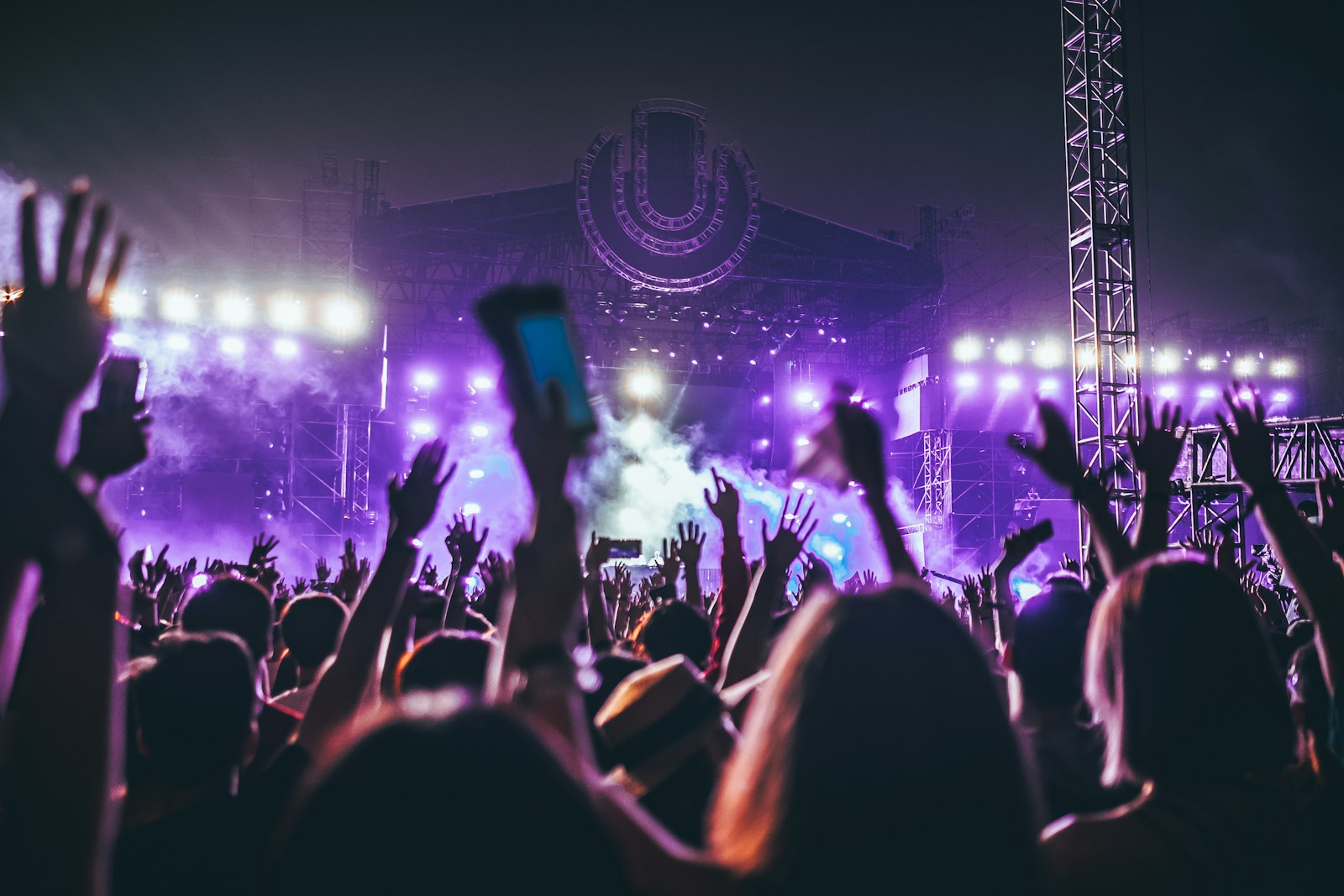 Crowd with raised hands at night